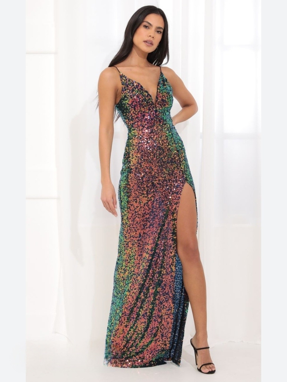 Speechless Iridescent Multicolor Sequin V-Neck Prom Gown With Slit